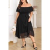 image:imagePlus Size Dresses Wedding Guest Off the Shoulder Chiffon ALine Midi Dress  Plus Size Cocktail Wedding Guest Dresses Women Chiffon Off the Shoulder Midi Dress Elegant Semi Formal ALine Dress with BeltBlack
