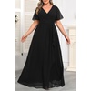 image:imagePlus Size Formal Dress Wedding Guest Chiffon V Neck Ruffle Long Dress Women  Women Plus Size Formal Evening Dress Chiffon Wedding Guest Long Dresses Short Sleeves Bridesmaid Dress Elegant Prom GownBlack