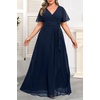 image:imagePlus Size Formal Dress Wedding Guest Chiffon V Neck Ruffle Long Dress Women  Women Plus Size Formal Evening Dress Chiffon Wedding Guest Long Dresses Short Sleeves Bridesmaid Dress Elegant Prom GownNavy Blue