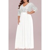 image:imagePlus Size Formal Dresses V Neck 34 Sleeve Sequin Prom Evening Maxi Dress  Sequin fabric V neck 34 sleeve design plus size formal prom wedding guest evening dressWhite