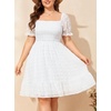 image:imagePlus Size Square Neck Puff Sleeve Swiss Dot Graduation Dress  Swiss dot chiffon  square neck  puff sleeves  smocked bodice  tiered ruffle hem  flowy short dressWhite