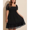 image:imagePlus Size Square Neck Puff Sleeve Swiss Dot Graduation Dress  Swiss dot chiffon  square neck  puff sleeves  smocked bodice  tiered ruffle hem  flowy short dressBlack