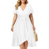 image:imagePlus Size Summer Dress  Casual Midi Eyelet V Neck A Line Dress for Women  Plus size casual dress breathable eyelet material short sleeve wrap Vneck with belt and Aline style for curvy womenWhite