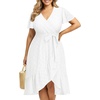image:imagePlus Size Summer Dress  Casual Midi Eyelet V Neck A Line Dress for Women  Plus size casual dress breathable eyelet material short sleeve wrap Vneck with belt and Aline style for curvy womenWhite