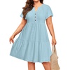 image:imagePlus Size Summer Dress Casual Boho Button Up Tiered Midi Sundress Women  Plus Size Summer Casual Dress Curvy Women Flowy Boho Beach Vacation Sundress Eyelet Short Sleeve V Neck Tiered Midi DressesLight Blue Eyelet