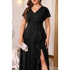 image:imageTalisea Plus Size Formal V Neck Ruffle Sleeve High Slit Evening Maxi Dress  Stretch fabric  sparkly or solid  V neck  ruffle sleeves  high slit  flowy maxi  formal evening wearSparkly Black