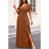 image:imageTalisea Plus Size Formal V Neck Ruffle Sleeve High Slit Evening Maxi Dress  Stretch fabric  sparkly or solid  V neck  ruffle sleeves  high slit  flowy maxi  formal evening wearCoffee