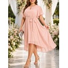 image:imageTalisea Plus Size Wedding Guest Chiffon Short Sleeve High Low Formal Dress  Chiffon fabric  keyhole neckline  flutter short sleeves  belted high waist  Aline high low hemPink