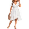 image:imagePlus Size Summer Dress  Casual Midi Eyelet V Neck A Line Dress for Women  Plus size casual dress breathable eyelet material short sleeve wrap Vneck with belt and Aline style for curvy womenWhite