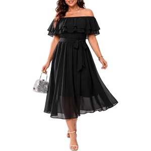 image:imagePlus Size Dresses Wedding Guest Off the Shoulder Chiffon ALine Midi Dress  Plus Size Cocktail Wedding Guest Dresses Women Chiffon Off the Shoulder Midi Dress Elegant Semi Formal ALine Dress with BeltBlack