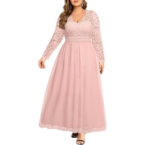 image:imagePlus Size Formal Dress VNeck Lace Chiffon Maxi Wedding Guest Gown  Flattering Double VNeck Lace Sleeves Empire Front amp Smocked Back Waist Chiffon Maxi Dress for Bridesmaids amp Formal EventsPink