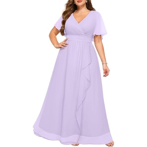 image:imagePlus Size Formal Dress Wedding Guest Chiffon V Neck Ruffle Long Dress Women  Women Plus Size Formal Evening Dress Chiffon Wedding Guest Long Dresses Short Sleeves Bridesmaid Dress Elegant Prom GownLight Lavender