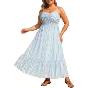 image:imagePlus Size Maxi Dress Summer Casual Striped Spaghetti Strap Long Sundress  Plus Size Summer Maxi Dresses Curvy Women Casual Striped Spaghetti Strap Long Dress Flowy Sleeveless Beach Vacation SundressBlue and White