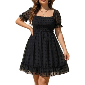 image:imagePlus Size Square Neck Puff Sleeve Swiss Dot Graduation Dress  Swiss dot chiffon  square neck  puff sleeves  smocked bodice  tiered ruffle hem  flowy short dressBlack