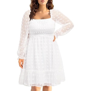 image:imagePlus Size Square Neck Puff Sleeve Swiss Dot Graduation Dress  Swiss dot chiffon  square neck  puff sleeves  smocked bodice  tiered ruffle hem  flowy short dressWhite Long Sleeve