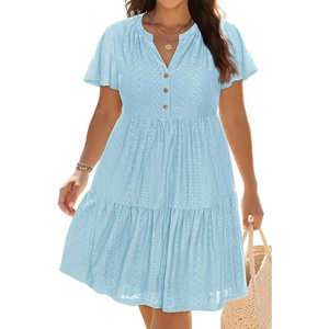 image:imagePlus Size Summer Dress Casual Boho Button Up Tiered Midi Sundress Women  Plus Size Summer Casual Dress Curvy Women Flowy Boho Beach Vacation Sundress Eyelet Short Sleeve V Neck Tiered Midi DressesLight Blue Eyelet