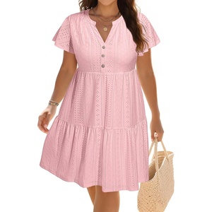 image:imagePlus Size Summer Dress Casual Boho Button Up Tiered Midi Sundress Women  Plus Size Summer Casual Dress Curvy Women Flowy Boho Beach Vacation Sundress Eyelet Short Sleeve V Neck Tiered Midi DressesPink Eyelet