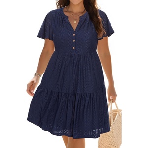 image:imagePlus Size Summer Dress Casual Boho Button Up Tiered Midi Sundress Women  Plus Size Summer Casual Dress Curvy Women Flowy Boho Beach Vacation Sundress Eyelet Short Sleeve V Neck Tiered Midi DressesNavy Blue Eyelet