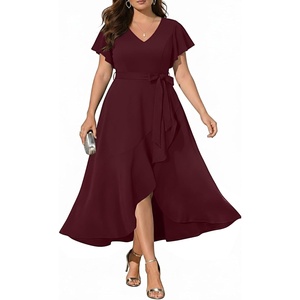 image:imagePlus Size Wedding Guest Dress Formal Split V Neck Maxi Dress for Women  Formal cocktail party maxi dresslong dress with beltruffle Vneck with highlow split hem for curvy womenBurgundy
