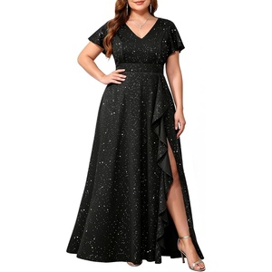 image:imageTalisea Plus Size Formal V Neck Ruffle Sleeve High Slit Evening Maxi Dress  Stretch fabric  sparkly or solid  V neck  ruffle sleeves  high slit  flowy maxi  formal evening wearSparkly Black
