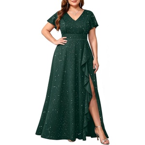 image:imageTalisea Plus Size Formal V Neck Ruffle Sleeve High Slit Evening Maxi Dress  Stretch fabric  sparkly or solid  V neck  ruffle sleeves  high slit  flowy maxi  formal evening wearSparkly Green