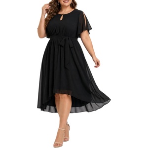 image:imageTalisea Plus Size Wedding Guest Chiffon Short Sleeve High Low Formal Dress  Chiffon fabric  keyhole neckline  flutter short sleeves  belted high waist  Aline high low hemBlack