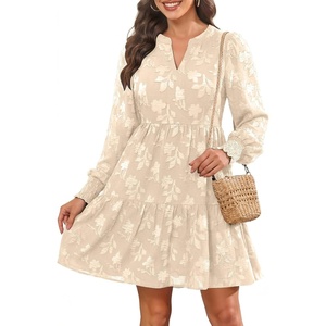 image:imageWomens V Neck Floral Babydoll Tiered Tunic Dress  V neck  textured floral  tiered babydoll  flowy tunic  fall summer casual dressApricot