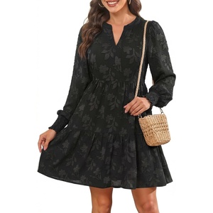image:imageWomens V Neck Floral Babydoll Tiered Tunic Dress  V neck  textured floral  tiered babydoll  flowy tunic  fall summer casual dressBlack