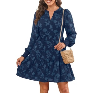 image:imageWomens V Neck Floral Babydoll Tiered Tunic Dress  V neck  textured floral  tiered babydoll  flowy tunic  fall summer casual dressNavy Blue