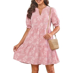 image:imageWomens V Neck Floral Babydoll Tiered Tunic Dress  V neck  textured floral  tiered babydoll  flowy tunic  fall summer casual dressPink