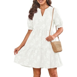 image:imageWomens V Neck Floral Babydoll Tiered Tunic Dress  V neck  textured floral  tiered babydoll  flowy tunic  fall summer casual dressWhite