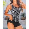 image:imageTankini with Shorts  Tummy Control Two Piece Swimsuit with Pockets  Tummy control smooths your silhouette Side pockets keep essentials handy Highwaist boy shorts provide full coverageBlack Floral