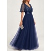 image:imageFormal Dresses Sequin Tulle V Neck A Line Long Dress Prom Evening Gown  Women Formal Long Dresses Sequin Short Sleeve Prom Evening Ball Gown Elegant Mother of the Bride A Line DressNavy Blue