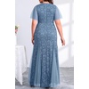 image:imagePlus Size Formal Dress Sequin Lace Mermaid Wedding Guest Maxi Gown  VNeck with Lace Trim Sheer Flutter Sleeves High Waist amp Tulle Mermaid Hem Gown for Formal Evening Wedding Guest amp PartyBlue