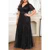 image:imagePlus Size Formal Dress Sequin Lace Mermaid Wedding Guest Maxi Gown  VNeck with Lace Trim Sheer Flutter Sleeves High Waist amp Tulle Mermaid Hem Gown for Formal Evening Wedding Guest amp PartyBlack