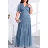 image:imagePlus Size Formal Dress Sequin Lace Mermaid Wedding Guest Maxi Gown  VNeck with Lace Trim Sheer Flutter Sleeves High Waist amp Tulle Mermaid Hem Gown for Formal Evening Wedding Guest amp PartyBlue
