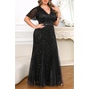 image:imagePlus Size Formal Dress Sequin Lace Mermaid Wedding Guest Maxi Gown  VNeck with Lace Trim Sheer Flutter Sleeves High Waist amp Tulle Mermaid Hem Gown for Formal Evening Wedding Guest amp PartyBlack