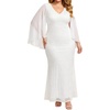 image:imagePlus Size V Neck Chiffon Cape Ruffle Sleeve Mermaid Formal Dress  V neck  chiffon capelet  ruffle sleeves  lace bodice  mermaid maxi  formal evening gown  curve flattering fitWhite