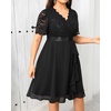 image:imageTalisea Plus Size Wedding Guest Lace Chiffon Ruffle Tea Length Dress  Delicate lace bodice  ruffle chiffon skirt  elegant V neck  tea length  light flowy movementBlack