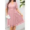image:imageTalisea Plus Size Wedding Guest Lace Chiffon Ruffle Tea Length Dress  Delicate lace bodice  ruffle chiffon skirt  elegant V neck  tea length  light flowy movementDusty Rose