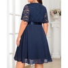 image:imageTalisea Plus Size Wedding Guest Lace Chiffon Ruffle Tea Length Dress  Delicate lace bodice  ruffle chiffon skirt  elegant V neck  tea length  light flowy movementNavy Blue