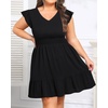 image:imageTalisea Womens Plus Size V Neck Ruffle Sleeve Flowy Summer Dress  V neckline  ruffle sleeves  tiered Aline hem  smocked waist  functional pockets  flowy short silhouetteBlack
