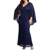 image:imagePlus Size V Neck Chiffon Cape Ruffle Sleeve Mermaid Formal Dress  V neck  chiffon capelet  ruffle sleeves  lace bodice  mermaid maxi  formal evening gown  curve flattering fitNavy Blue