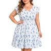image:imageTalisea Womens Plus Size V Neck Ruffle Sleeve Flowy Summer Dress  V neckline  ruffle sleeves  tiered Aline hem  smocked waist  functional pockets  flowy short silhouetteBlue White Floral