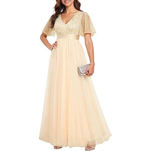 image:imageFormal Dresses Sequin Tulle V Neck A Line Long Dress Prom Evening Gown  Women Formal Long Dresses Sequin Short Sleeve Prom Evening Ball Gown Elegant Mother of the Bride A Line DressGold