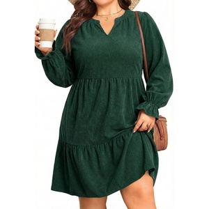 image:imagePlus Size Fall Dresses Casual Long Sleeve Corduroy Short Babydoll Dress  Plus Size Fall Long Sleeve Dresses Women Corduroy Casual A Line Tiered Short Dress Loose Tunic V Neck Babydoll Dress WinterDark Green