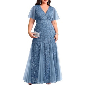 image:imagePlus Size Formal Dress Sequin Lace Mermaid Wedding Guest Maxi Gown  VNeck with Lace Trim Sheer Flutter Sleeves High Waist amp Tulle Mermaid Hem Gown for Formal Evening Wedding Guest amp PartyBlue