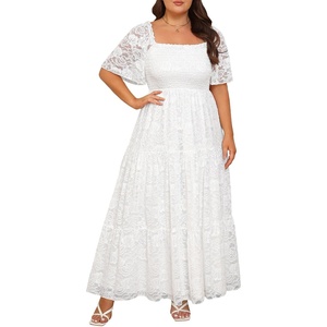 image:imagePlus Size Wedding Dress Bride Boho Lace Square Neck Long Maxi Dresses  Square Neck Ruffle Sleeves Lace Dresses for Curvy Women Photoshoot Smocked Tiered Flowy Wedding Guest Bridesmaid DressWhite