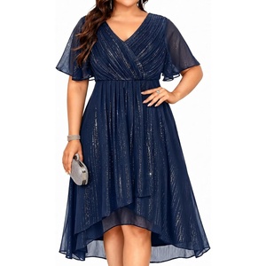 image:imagePlus Size Wedding Guest Dress  Formal Long Sleeve A Line V Neck Midi Dress  Formal fall wedding guest dress cocktail sparkle dress Aline pleated midi style with long sleeves amp Vneck for womenDark Blue Short Sleeve