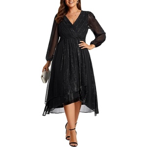 image:imagePlus Size Wedding Guest Dress  Formal Long Sleeve A Line V Neck Midi Dress  Formal fall wedding guest dress cocktail sparkle dress Aline pleated midi style with long sleeves amp Vneck for womenBlack